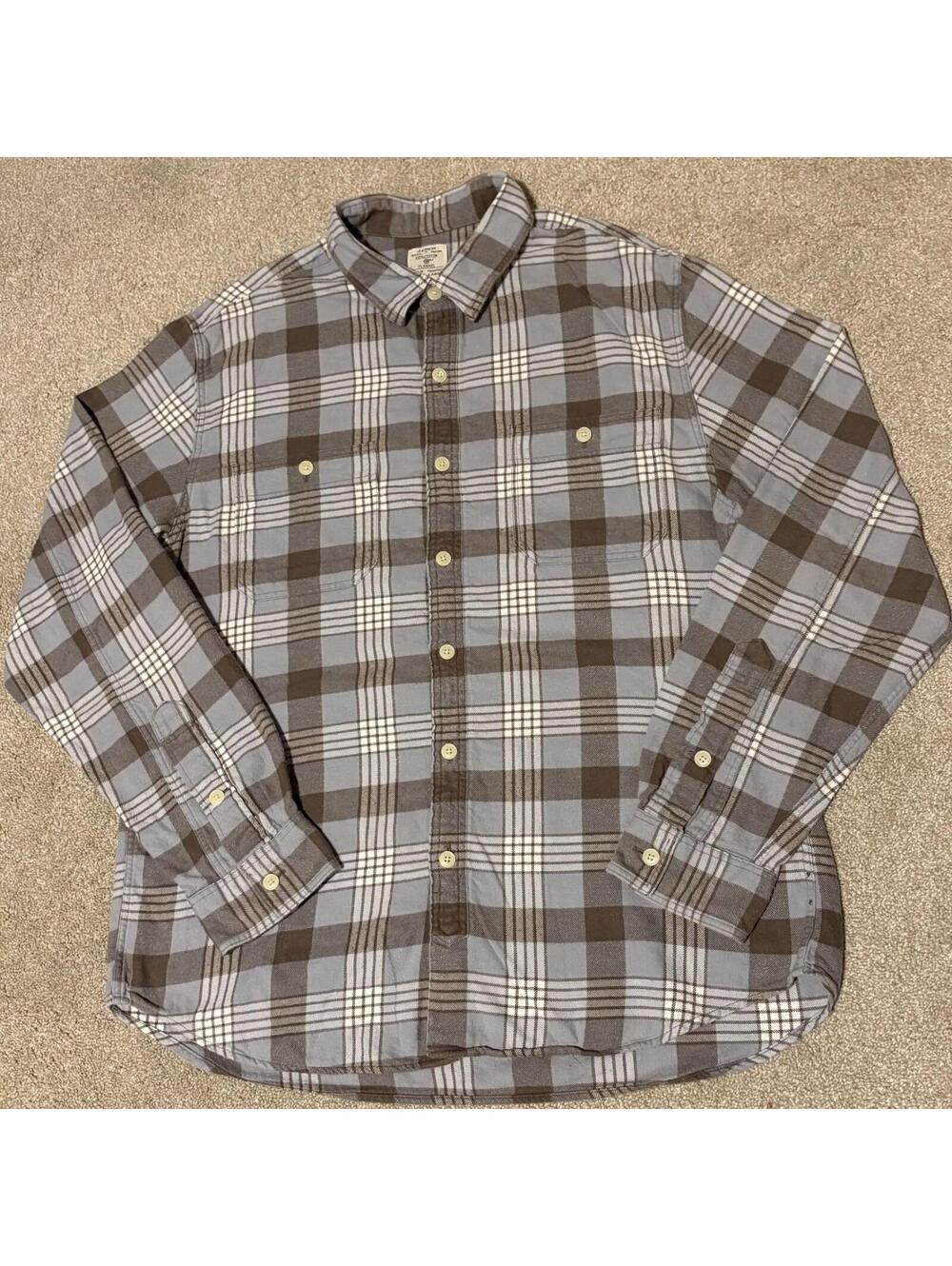J Crew Mens Flannel Plaid Button Up Shirt Brown Blue Beige 100% Cotton, Sz L